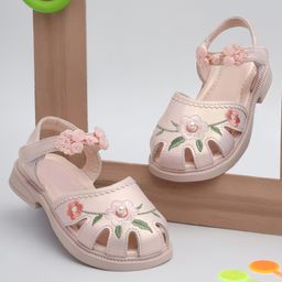 TRUFFLE COLLECTION Floral Embroidered & Pearld Embellished With Velcro Closure Sandals - Pink-image-95