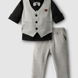 Mini Taurus Interlock Knit Full Sleeves Striped 3 Piece Party Suit with Bow Applique - Black-image-15