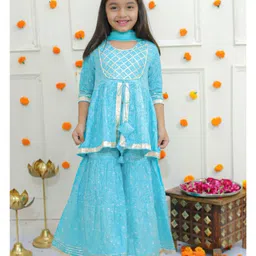 Ka-mee Cotton Woven Three Fourth Sleeves Bandhani Printed & Gotta Patti Lace Embellished Kurta & Sharara With Dupatta Set - Blue-picture-45