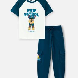 Nap Chief Cotton Knit Paw Patrol Featuring Half Raglan Sleeves Chase Printed Oversized Tee & Cargo Joggers Set - White & Blue-22