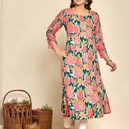 ADAA JAIPUR Floral Printed Round Neck A-line Cotton Kurta-image-30