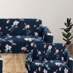 DECOR VATIKA Blue Printed Velvet 3 Piece Sofa Cover With Arms-image-93