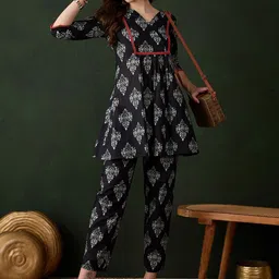 Sangria Black Ethnic Motifs Printed V-Neck Regular Pure Cotton Kurta With Trouser-27