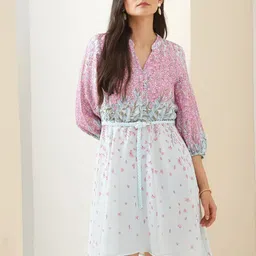 Latin Quarters Women Floral Printed Mandarin Collar Puff Sleeve Fit & Flare Dress-picture-32