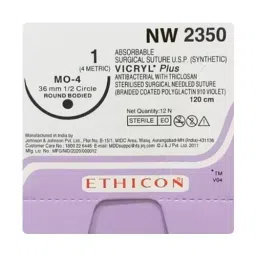 Ethicon 1 USP Violet Vicryl 1/2 Circle Round Body Sutures NW2350 Pack of 12 Pcs-37
