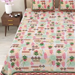 Myntra Elegant Homes Pink & Orange Floral 180 TC King Bedsheet with 2 Pillow Covers-picture-43