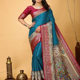 KAYOMMI Kalamkari Woven Design Zari Kanjeevaram Saree-image-80