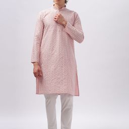 Anouk Men Pink and White Ethnic Motifs Embroidered Thread Work Straight Kurta-36