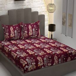 Banchmark Home Furnishings Maroon & Yellow Floral 200 TC King Bedsheet with 2 Pillow Covers-image-91