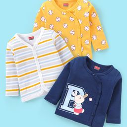 Babyhug 100% Cotton Full Sleeves Vest Stripes & Tennis Ball Print Pack Of 3- Blue & Yellow-image-18