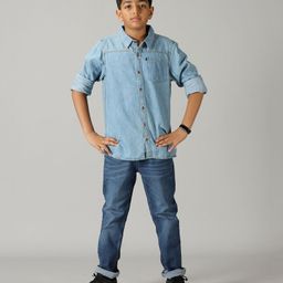 Kiddopanti Full Sleeves Denim Shirt & Basic 5 Pocket Denim Pants Set - Light Blue & Midnight Blue-image-101