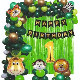 Bubble Trouble Jungle Animal Forest Theme 1st Birthday Party Decorations for boys Combo Bunting Animal Face Shape Foil Chrome Rubber Balloons  Jungle Theme Birthday Decoration Pack of 51- Multicolor-16
