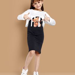 Little Marine Full Sleeves Solid Crop Tee With Hi Teddy Printed A Line Dress - Black-image-4