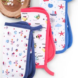 Babyhug Cotton Double Layer Wash Cloth Vehicle & Animal Print Pack of 3 - Multicolor-11