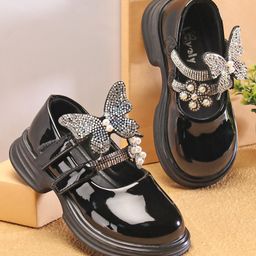 Oh! Pair Ballerina with Velcro Closure with Pearl & Stud Butterfly Applique - Black-image-58