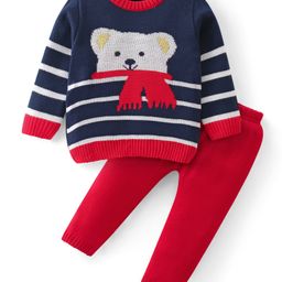 Babyhug Knitted Full Sleeves Sweater Set with Teddy Design - Navy & Red-image-80