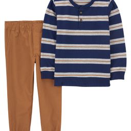 Carter's Knit Full Sleeves Striped Henley Neck T-Shirt & Solid Trouser Set - Blue & Brown-image-50