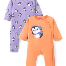 Babyhug 100% Cotton Knit Full Sleeves Romper With Penguin Print Pack of 2- Purple & Orange-image-88