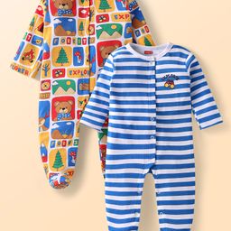 Babyhug Cotton Knit Full Sleeves Sleep Suits Striped & Bear Print Pack of 2 - Yellow & Blue-image-95