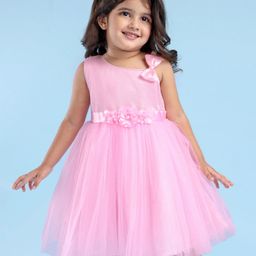 Babyhug Woven Sleeveless Fit & Flared Shimmered Party Frock with Floral Applique & Bow Detailing - Pink-image-82