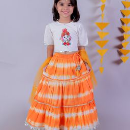 Lil Drama Cotton Half Sleeves Tie & Dye Lehenga  Choli With Net Dupatta Sets - White And Orange-image-107