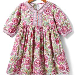 Babyhug Cotton Woven Three Fourth Sleeves Ethnic Dress With Floral Print - Pink-image-11