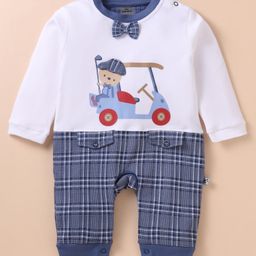 Mini Taurus Cotton Knit Full Sleeves Romper with Bow Applique & Vehicle Print - Blue-image-28