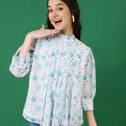 ISHTI Georgette Three Fourth Bishop Sleeves Floral Printed & Pleat Detailed Top - Sky Blue-image-46