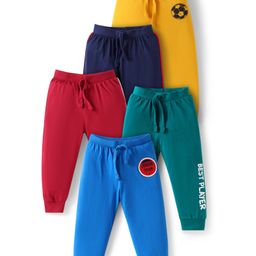 Babyhug Cotton Knit Full Length Lunge Pants with Sports Theme Print & Tape Detailing Pack of 5 - Multicolor-image-42
