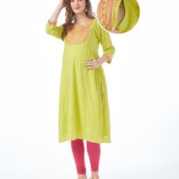 Bella Mama 100% Cotton Woven Three Fourth Sleeves Maternity Kurta with Embroidery at Yoke- Lime Green-picture-17
