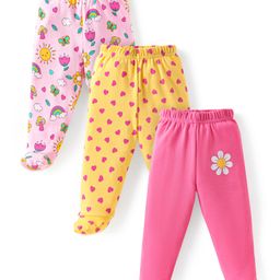 Babyhug Cotton Knit Full Length Bootie Leggings with Floral & Hearts Print Pack of 3 - Pink Yellow & Light Pink-image-23