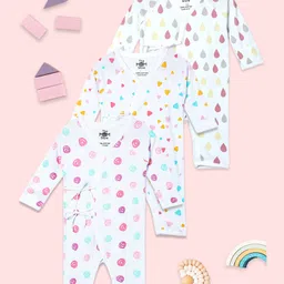 The Mom Store Cotton Pack Of 3 Full Sleeves Drops & Geometric Printed Rompers - White-picture-17