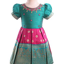Enfance Silk Half Puffed Sleeves Floral Embroidered & Printed Pattu Pavadai Dress - Rama Green-image-92