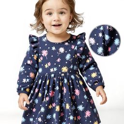 Doodle Poodle Cotton Knit Full Sleeves Frock With Floral Print & Bloomer - Navy Blue-image-70