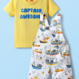 Babyhug Single Jersey Knit Dungaree & Half Sleeves T-Shirt With Boat Print - White & Yellow-image-87