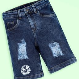 Kiddopanti Denim Tropical Paradise Text Printed & Distressed Shorts - Dark Blue-image-80