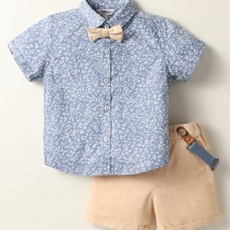 ToffyHouse Poplin Woven Half Sleeves Shirt & Short With Bow Suspender & Floral Print - Light Blue & Cream-image-26