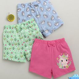BUMZEE Cotton Pack Of 3 Unicorns & Floral Printed Bow Applique Detailed Shorts - Green & Pink-image-62