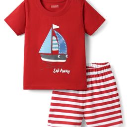 Babyhug Interlock Knit Half Sleeves T-Shirt & Shorts Set With Stripes & Nautical Theme Print - Red & White-image-82
