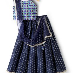 Pine Kids Woven Sleeveless Choli Lehenga Set with Dupatta Print Embroidery & Sequin Detailing - Navy Blue-picture-20