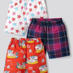 Babyhug Cotton Woven Above Knee Length Boxers with Checks & Shark Print Pack of 3 - White & Orange-image-100