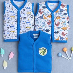 BUMZEE Cotton Knit Sleeveless Dinosaur Printed Jablas Pack of 3 - Blue & White-image-17