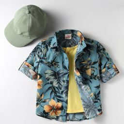 Rikidoos Full Sleeves Floral Printed Shirt With Attached Tee & Cap - Chalk Blue & Yellow-image-91
