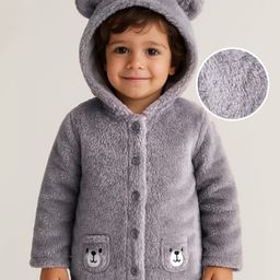 Babyhug Fur Knit Full Sleeves Hooded Winter Jacket With Teddy Bear Embroidery & Ear Applique - Grey-image-95