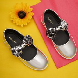 boyz n galz Metallic Sequin Embellished Bow Applique Detailed Mary Janes Ballerinas - Silver-image-14