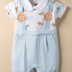 ToffyHouse Interlock Wovenm Knit Half Sleeves Dungaree Style Romper with Animal Print - Royal Blue-picture-7