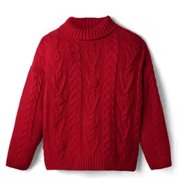 Pine Kids Knit Full Drop Shoulder Sleeves Turtle Neck Pullover Sweater with Cable Knit Design - Red-picture-21