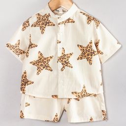 Hugsntugs Cottton Woven Half Sleeves Star Fish Printed Coordinating Mandarin Collar Shirt & Shorts Set - Off White-image-16