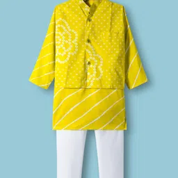 Teentaare Cotton Woven Full Sleeves Striped Kurta Pajama Set with Jacket & Motif Print - Yellow-picture-23