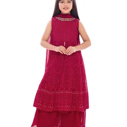Tiny Kingdom Georgette Woven Sleeveless Floral Embroidered Sequins Embellished Kurti & Palazzo With Dupatta Set - Pink-picture-14